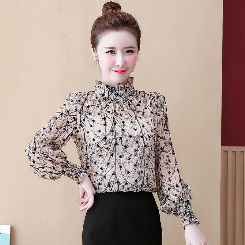 REHIN Women's top Korean version elegant fashion Floral long-sleeved shirt chiffon blouse