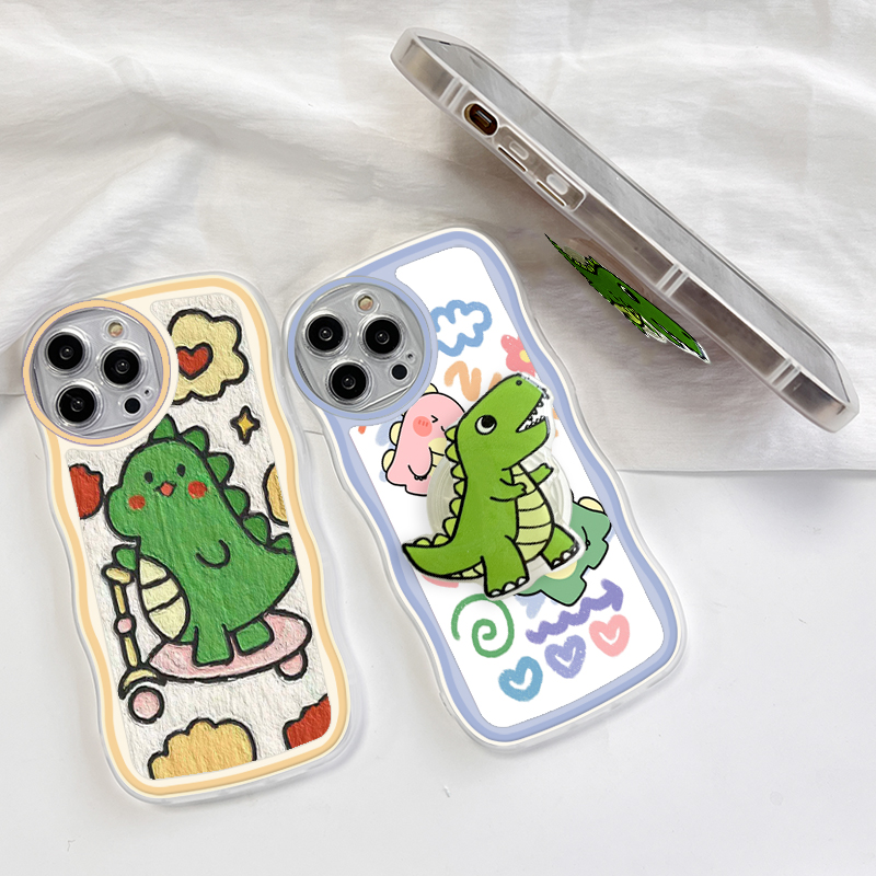 (With Free Holder) Jizetin Phone Casing For Xiaomi Redmi Note 10 Note 10S Note 10 Pro Note 10 5G Note 9 Note 8 Fashion Soft Wavy Phone Case Dinosaur Cartoon Shockproof Cellphone Casing Full Cover Camera Protection