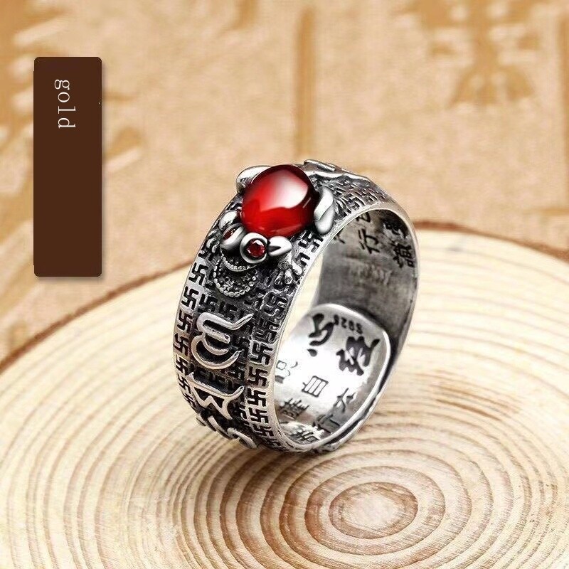 T-B s990 pure silver retro Thai silver pixiu domineering men's ring men's and women's garnet transfer toad opening ring