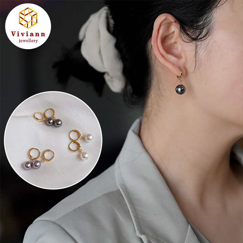 Viviann Original Vintage Elegant Black Pearl Earrings White Purple Pearl Earrings Gold stud earrings, black pearls earrings for women size 8mm Fine Jewelry Gifts for Women wedding gift