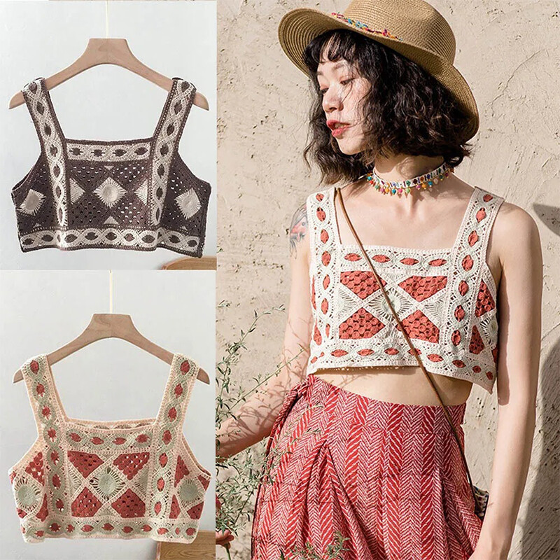 MagicLady Casual Cotton Women's Crochet Tank Tops Bohemian Sleeveless Square Neck Hollow Out Loose Crop Tops for Women