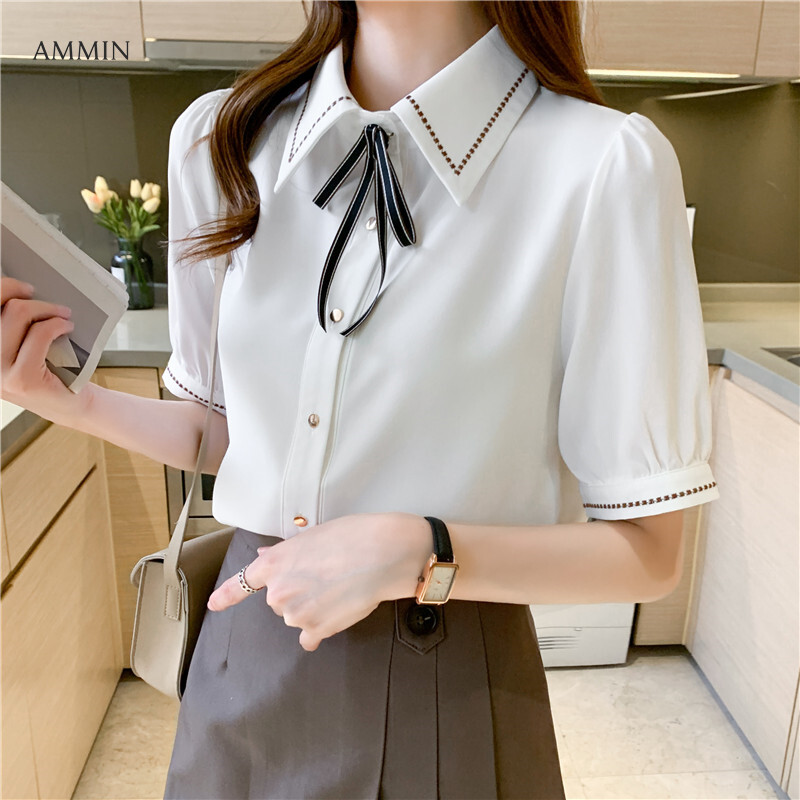 AMMIN Women's summer 2023 new Korean commuter bubble sleeve lapel butterfly chiffon shirt line embroidery student Hong Kong casual blouse top