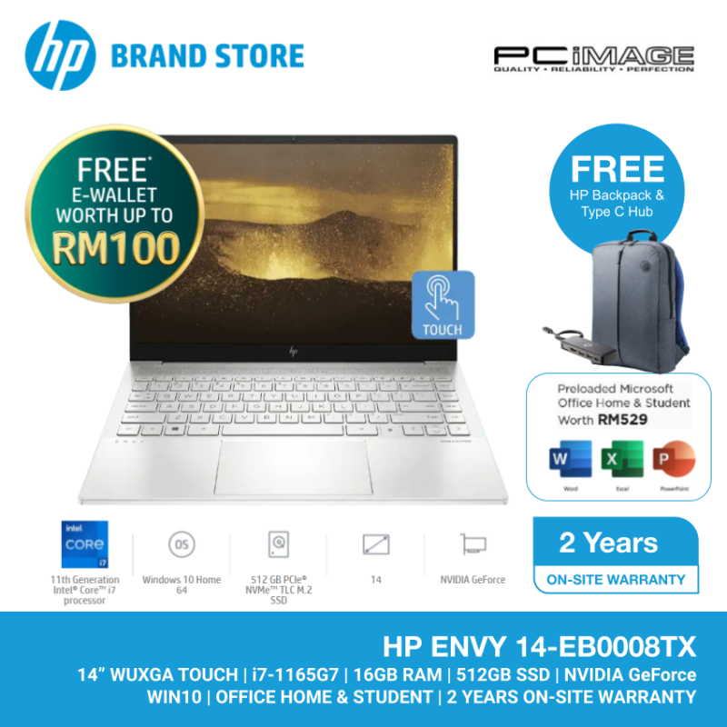 HP ENVY 14-EB0008TX i7-1165G7/16GB/512GB SSD/GTX1650TI 4GB/14 WUXGA TOUCH/W10H/HNS/2Y W/SILVER (BACKPACK+TYPE C HUB) Malaysia