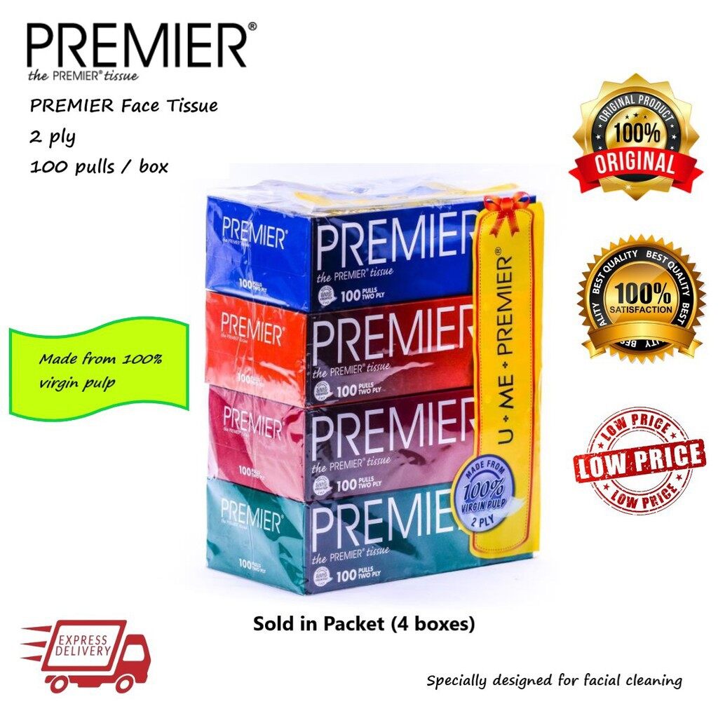 Premier Facial Tissue Box 2 ply / 4 boxes / 100pulls / 面纸 / 100 Virgin