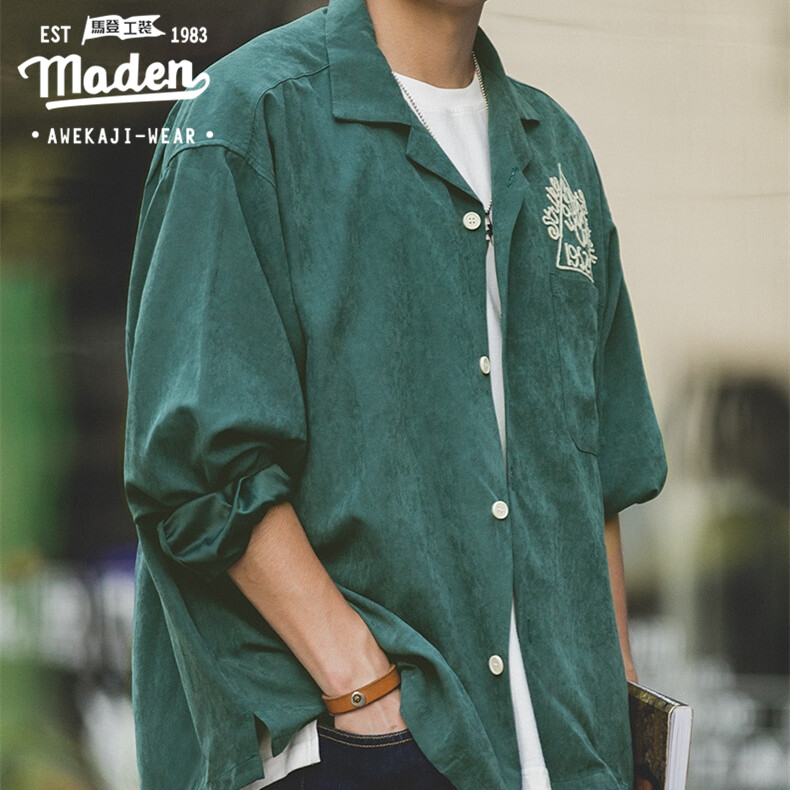 Maden brand tooling style men youth gentleman American retro bar collar peach skin embroidery 1952S bowling shirt distressed dark green male youth college style boy stylish long sleeve shirt