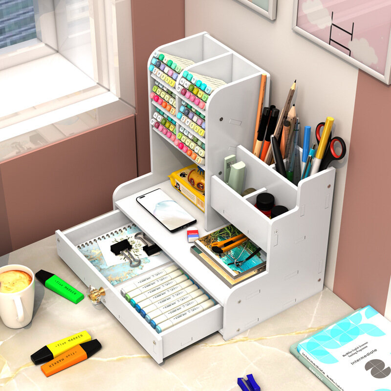 Desktop DIY pen holder storage box multi-functional office supplies stationery box large-capacity student wood plastic storage pen holder