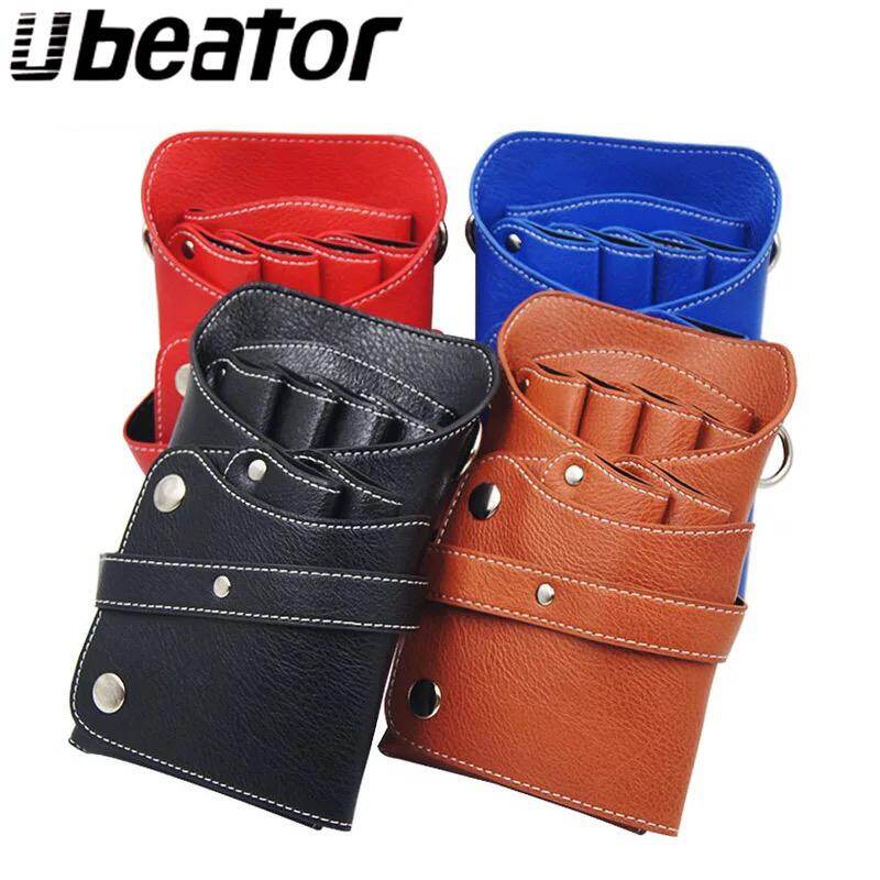 PU Leather Rivet Hair Scissor Bag Clips Bag Hairdressing Barber Scissor Holster Pouch Holder Case with Waist Shoulder Belt Brown