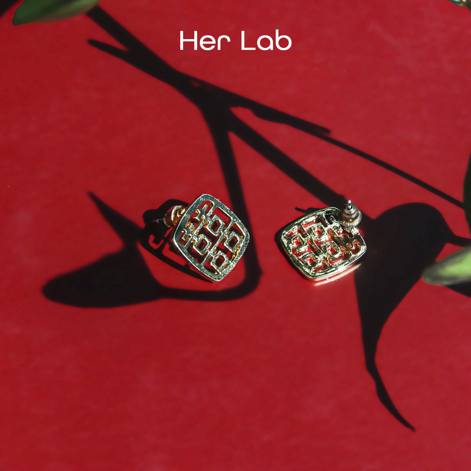 Her Lab Jewelry ความสุขคู่สัญลักษณ์จีน14K ต่างหูสตั๊ดชุบทอง Her Lab