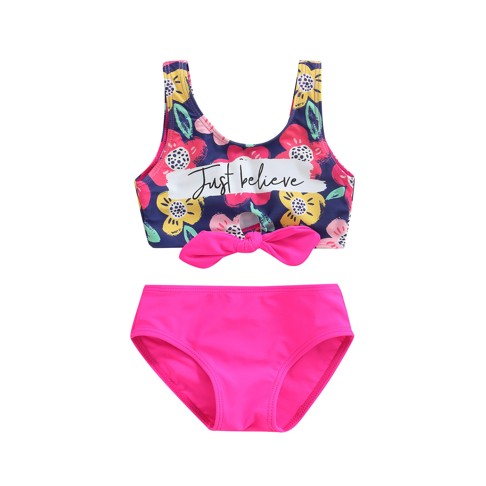 [Mmyard] Hot Sell Girl's Two Pieces Swimwear Suit, Letter Floral Print Front Twist Knot Vest Tops with Underpants
