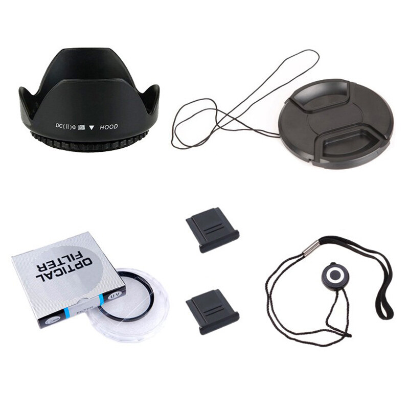 6 in1 49 52 55 58 62 72 77 82 mm lens uv filter + middle mount + lens hood + lens caps + lens caps + 2 hot shoes
