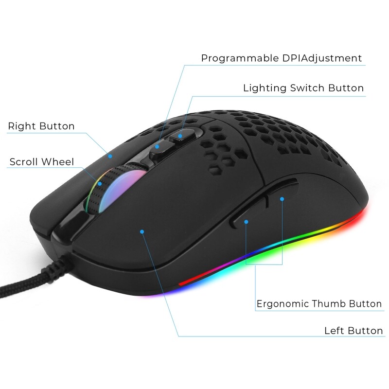 USB Wired Lightweight Gaming Mouse 5 RGB Backlit Mouse with 7 Buttons 7200DPI Honeycomb Shell Mouse for PC Laptop