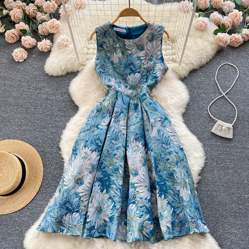Gorgeous Fashion European Station Women's Retro Sleeveless Jacquard Dress Slim Print Waist Pleated A-line Skirt 2022 Spring and Summer New
