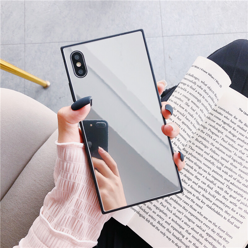 CrashStar Real Glass Mirror Fashion Straight Square Phone Case For iPhone 15 14 13 12 11 Pro Max Mini XS XR X 8 7 6 6S Plus + SE 2020 Hard Shockproof Phone Casing Phone Cover