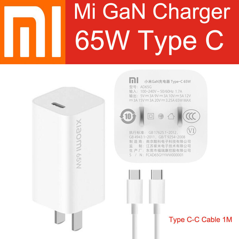 Bộ Sạc Gắn Tường Xiaomi Gan 65W USB C 50% Cung Cấp Nguồn Điện PD Nhanh Hơn Với Cáp 1 M Type-C Cho Mi 10 Pro Mi MacBook MateBook