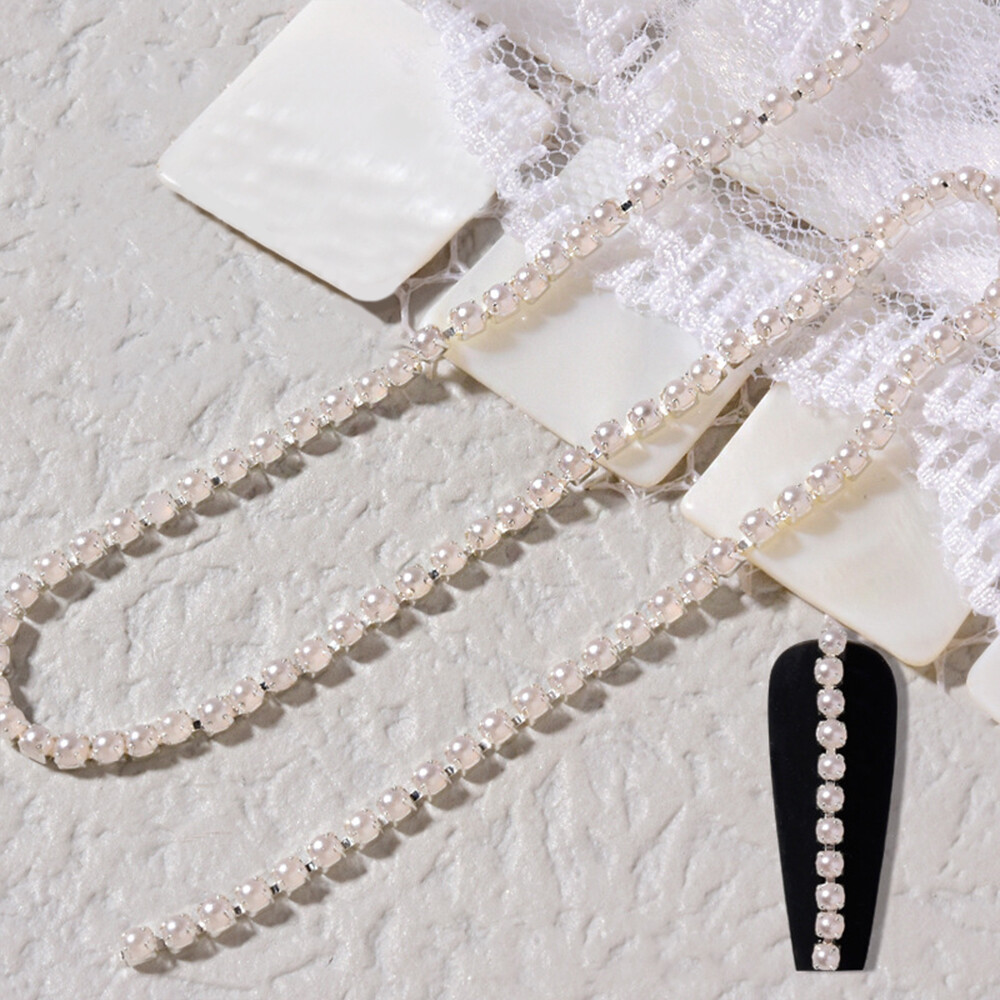 25cm Pearl Claw Chain Nail Rhinestone 3D Metal Silver AB Diamond Pearl Chain Can Be Cut DIY Charm Nail Art Decorations Accessory