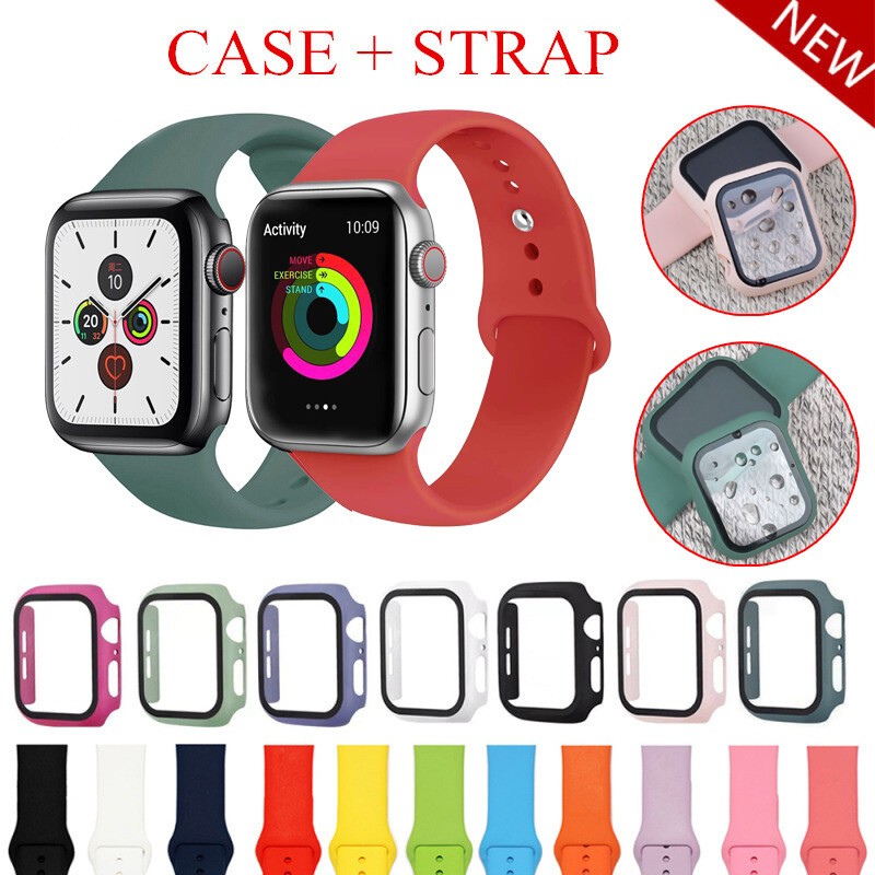 Silicone Strap+Case For Apple Watch 45mm 44mm 41mm 40mm Series 9 8 SE 7 6 5 4 Full Curved Screen Protector For Apple Watch Band 42mm 38mm Series 3 2 1
