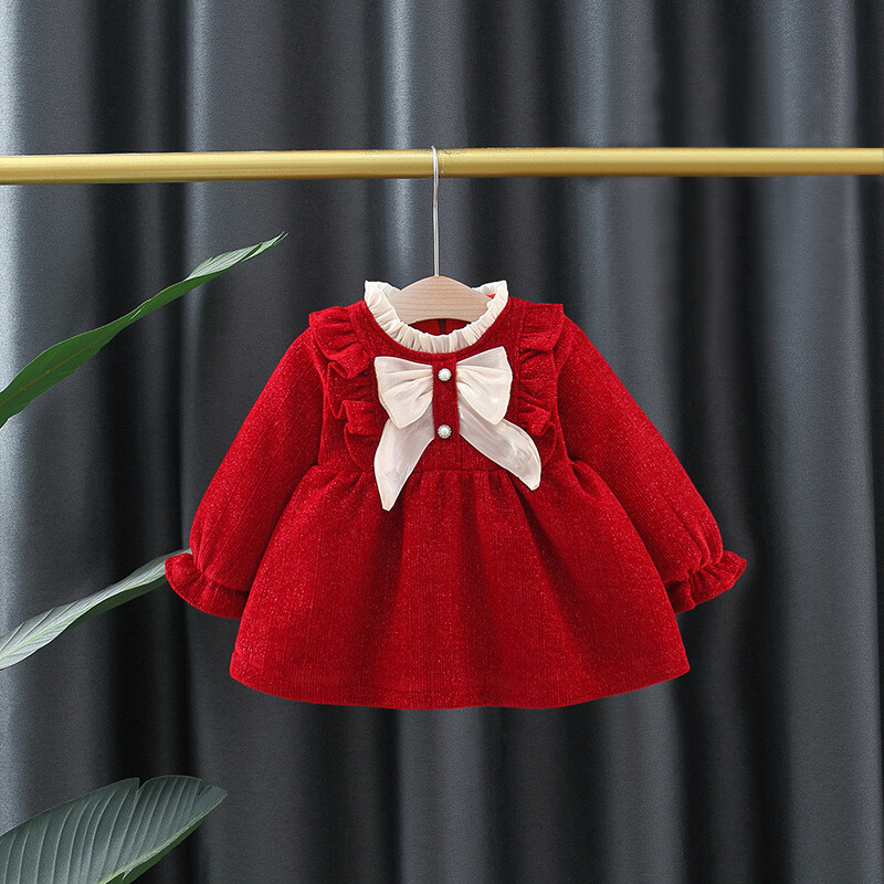 Spring And Autumn New Girls' Baby Long Sleeve Dress Ruffled Collar And Bow Tie Infant Dress Fashion Girl Children'S Clothing Suitable For 0-3 Years Old