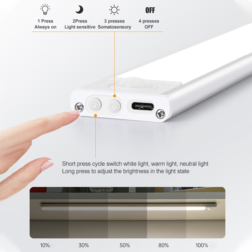 LED Night Light  Type-c Rechargeable Body Sensor Cabinet Light Wireless Kitchen Closet Light Indoor Lighting Bedroom Bedside Dorm Room Lamp