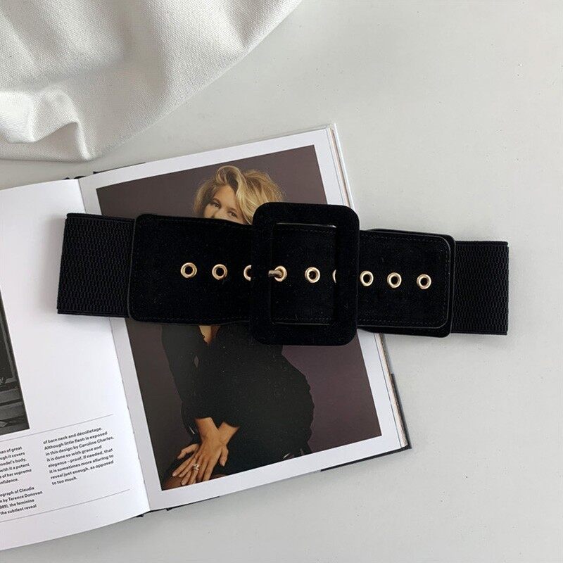 Fashion Suede Women Belt Slim Elastic Wide Belt Square Buckle Waistband Female Ladies Dress Coat Decoration Straps Cummerbund
