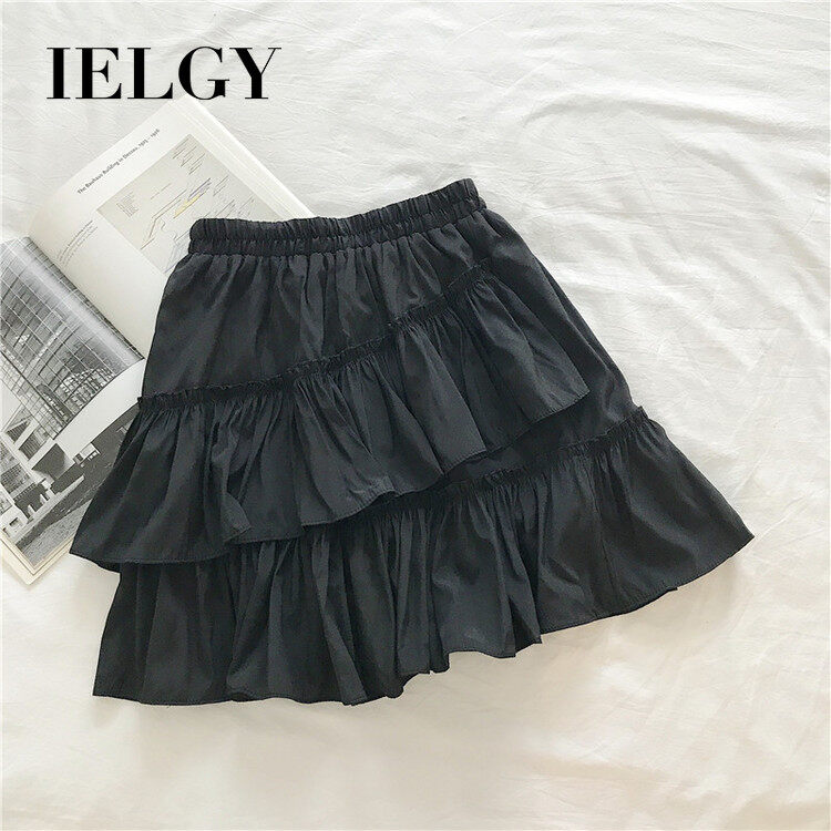 IELGY sweet wild lotus leaf elastic waist pleated skirt female summer high waist was thin cake skirt
