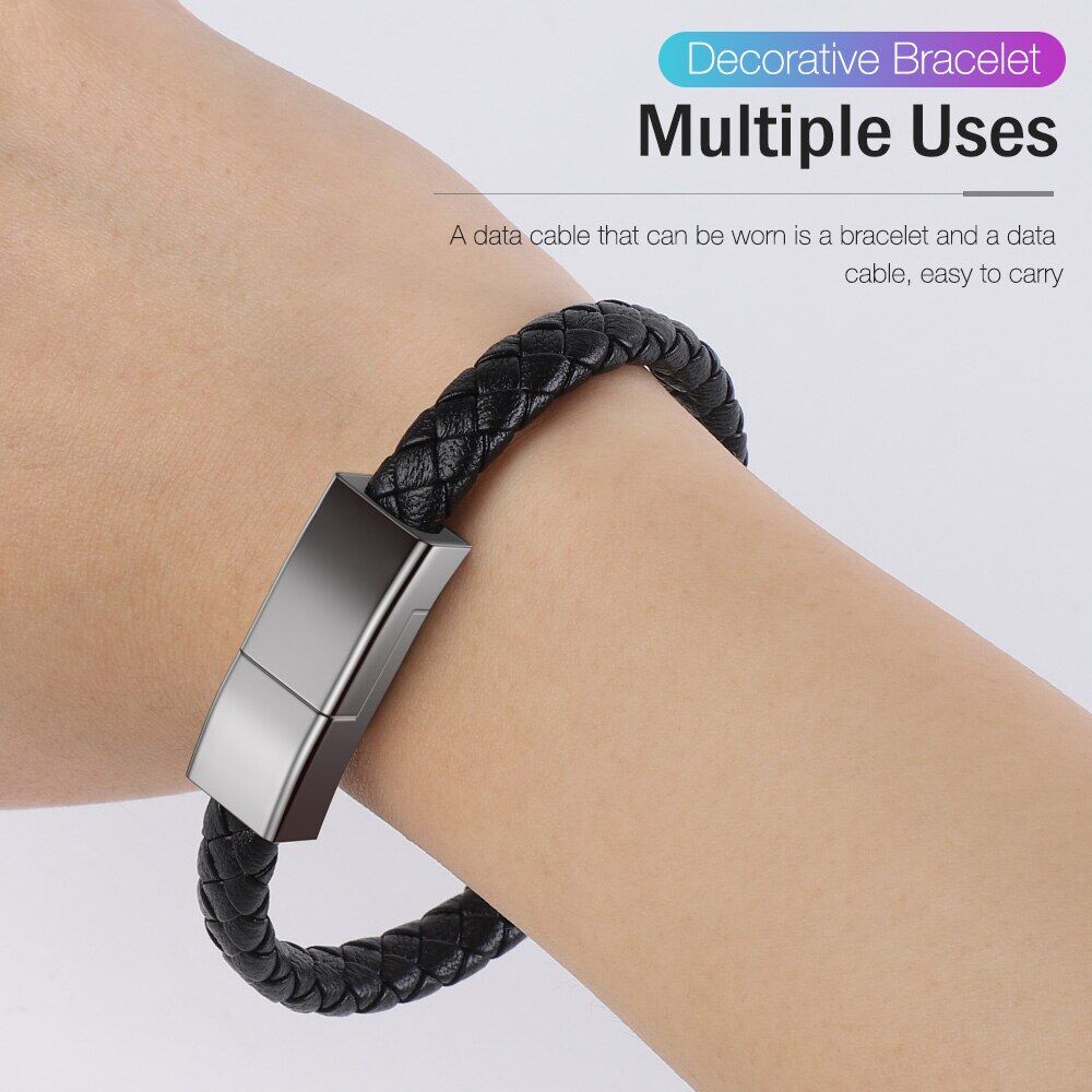 Short USB Data Cable For iPhone 13 14 12 11 Pro Max X Leather Bracelet Charger Cable for Micro USB Type C Portable Fast Charging USB Cord Wire, Data Transfer.