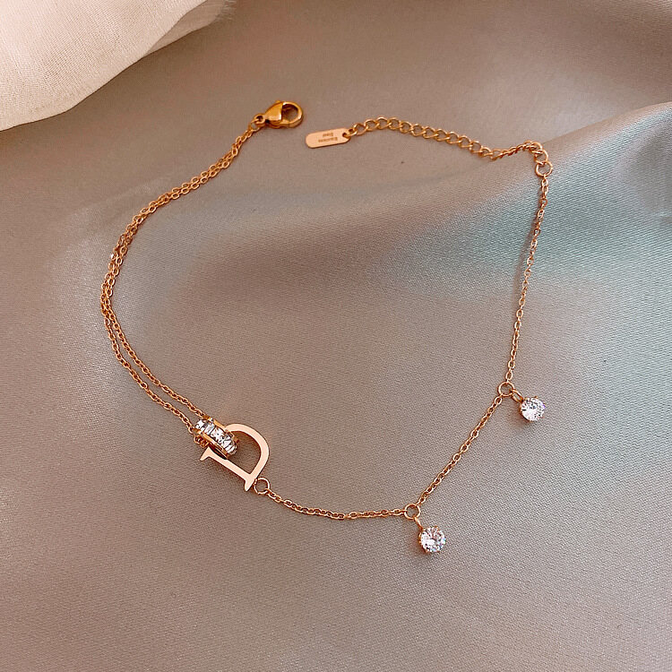 Yuki's Titanium Steel Letter D Anklets For Women Fashion Crystal Anklet Bracelet On Leg Summer Beach Anklet Set Female Foot Jewelry Summer Jewelry Gifts for Women Teen Girls