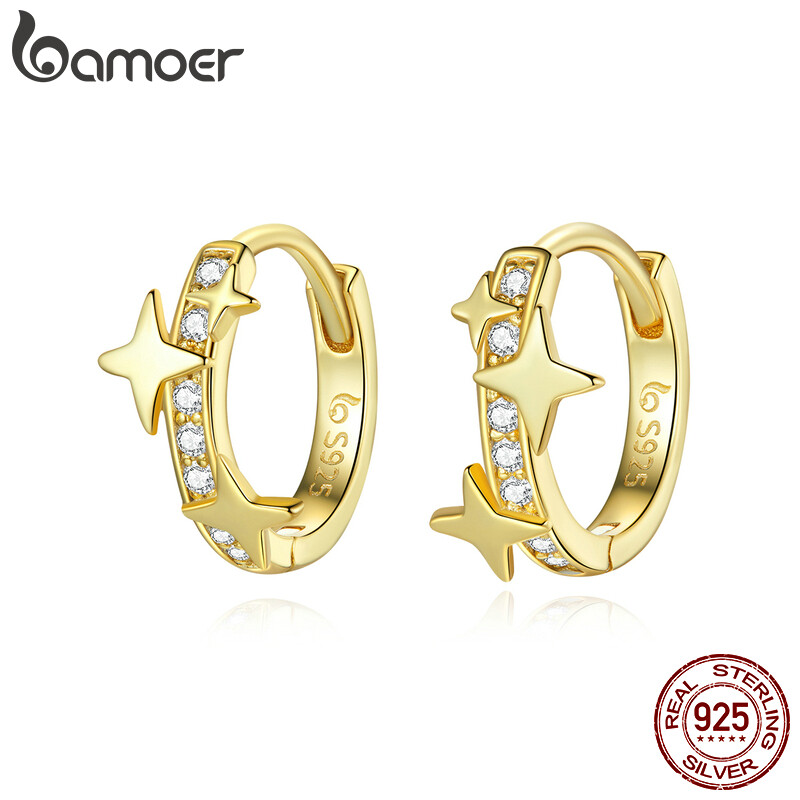 BAMOER Small Hoop Earrings 925 Sterling Silver Clear CZ Universe Galaxy Tiny Earrings for Girl Gifts anti-allergy Jewelry BSE076 June