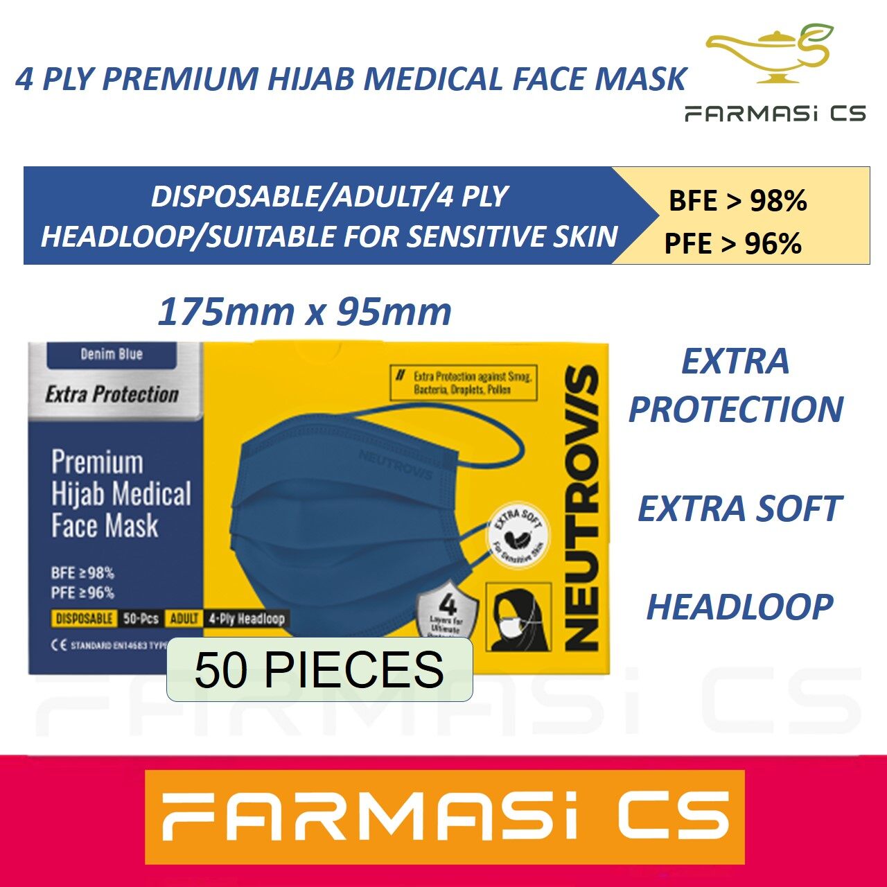 Neutrovis 4 PLY Premium Hijab Medical Face Mask ( Denim Blue ) 50