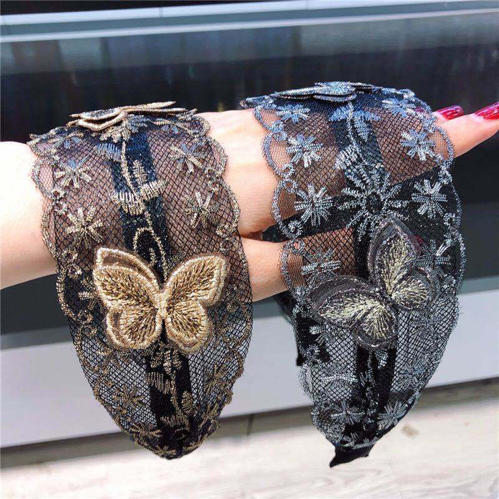 Adjustable Vintage Flower Floral Printed Silk Toothed Lace Head Hoop Hair Accessories Broadside Headband Embroidery Hair Bands