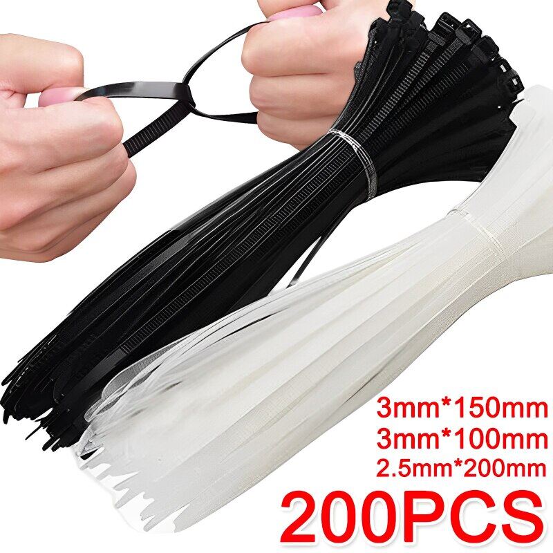 200/100PCS Self-locking Plastic Nylon Tie Black and White Cable Tie Fastening Ring Cable Tie Zip Wraps Strap Nylon Cable Tie