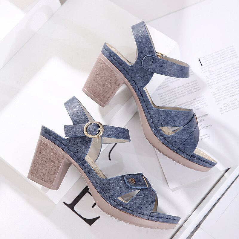 Women Thick Heels Sandals Ankle Strap Hook Loop Wedges Heels