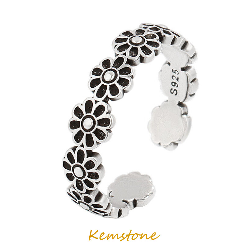 Kemstone Trendy Silver Black Small Daisy Flower Silver Plated Open Ring for Women Adjustable Jewelry Gift