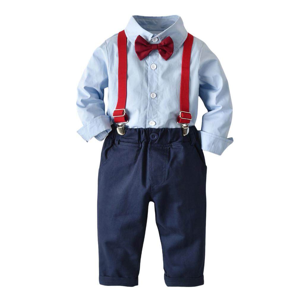 Toddler Kids Boys Gentleman Bow Tie Solid T-Shirt Tops+Suspender Pants Outfits