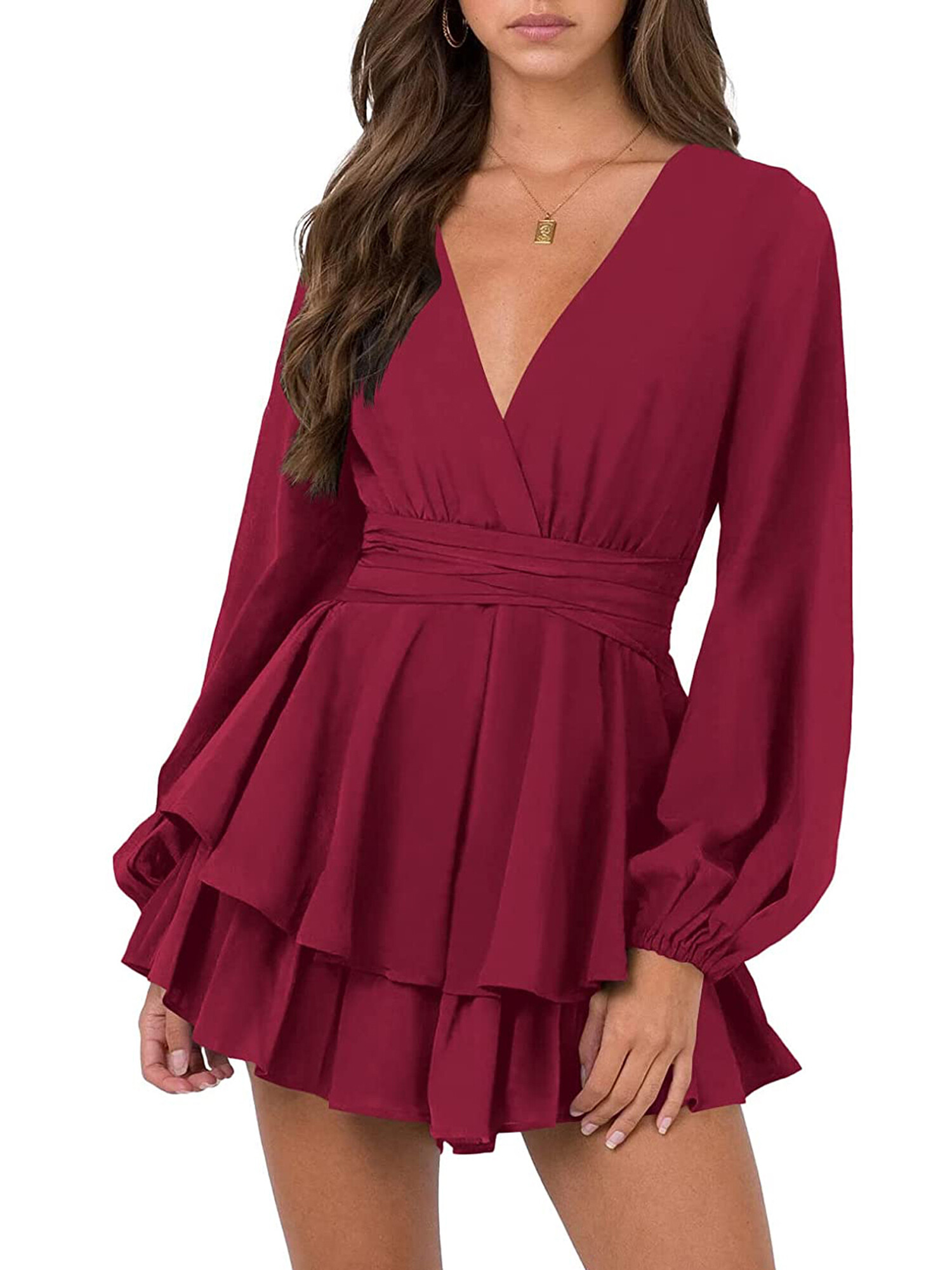 V Neck Red Long Sleeve Skater Dress Women Long Sleeve Chiffon