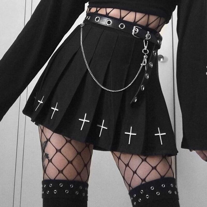 Goth Cross Embroidery Pleated Mini 