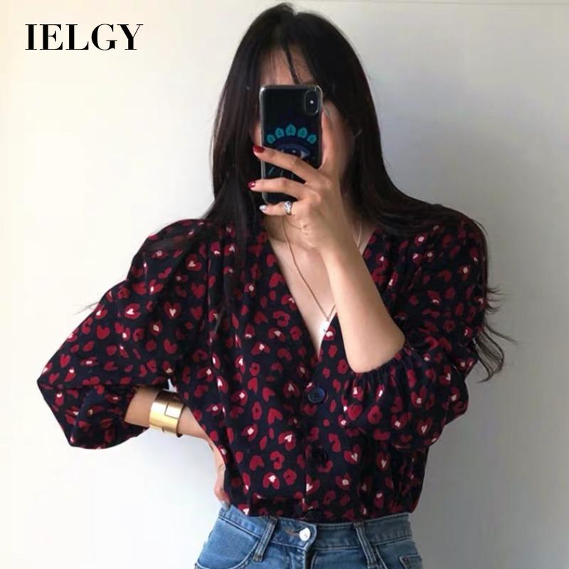 IELGY Casual Retro Printed V-neck Single-breasted Long-sleeved Top Blouse Loose Versatile