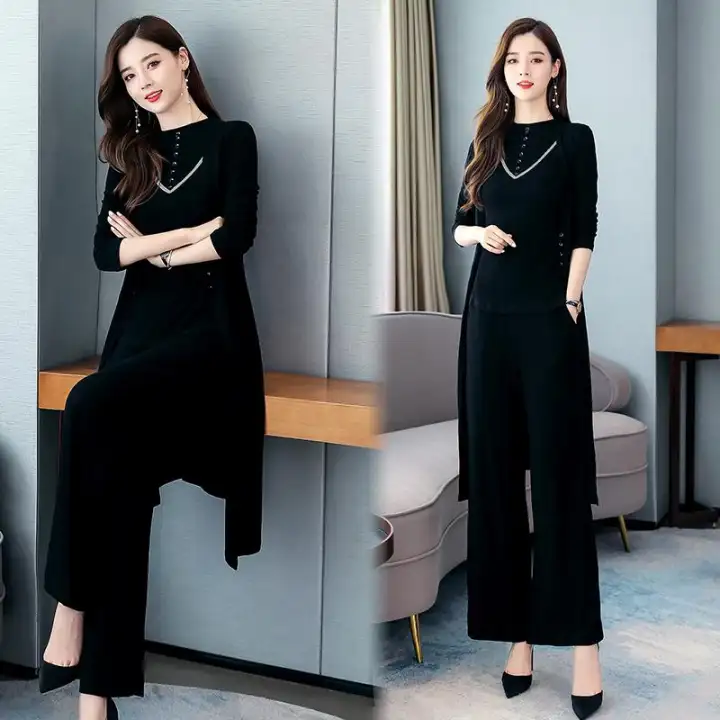 3pcs solid cardigan coat with top and pants