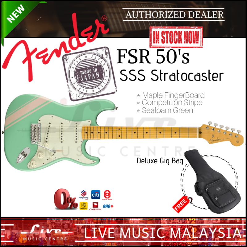Fender Japan FSR 50s SSS Stratocaster Electric Guitar, Maple Fretboard with FREE Gig Bag, Seafoam Green with Competition Stripe Malaysia