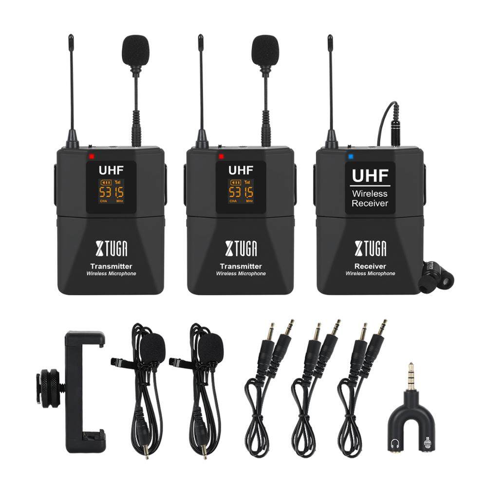 XTUGA Dual Channels Camera Mic UHF Wireless Lavalier Microphone with ...