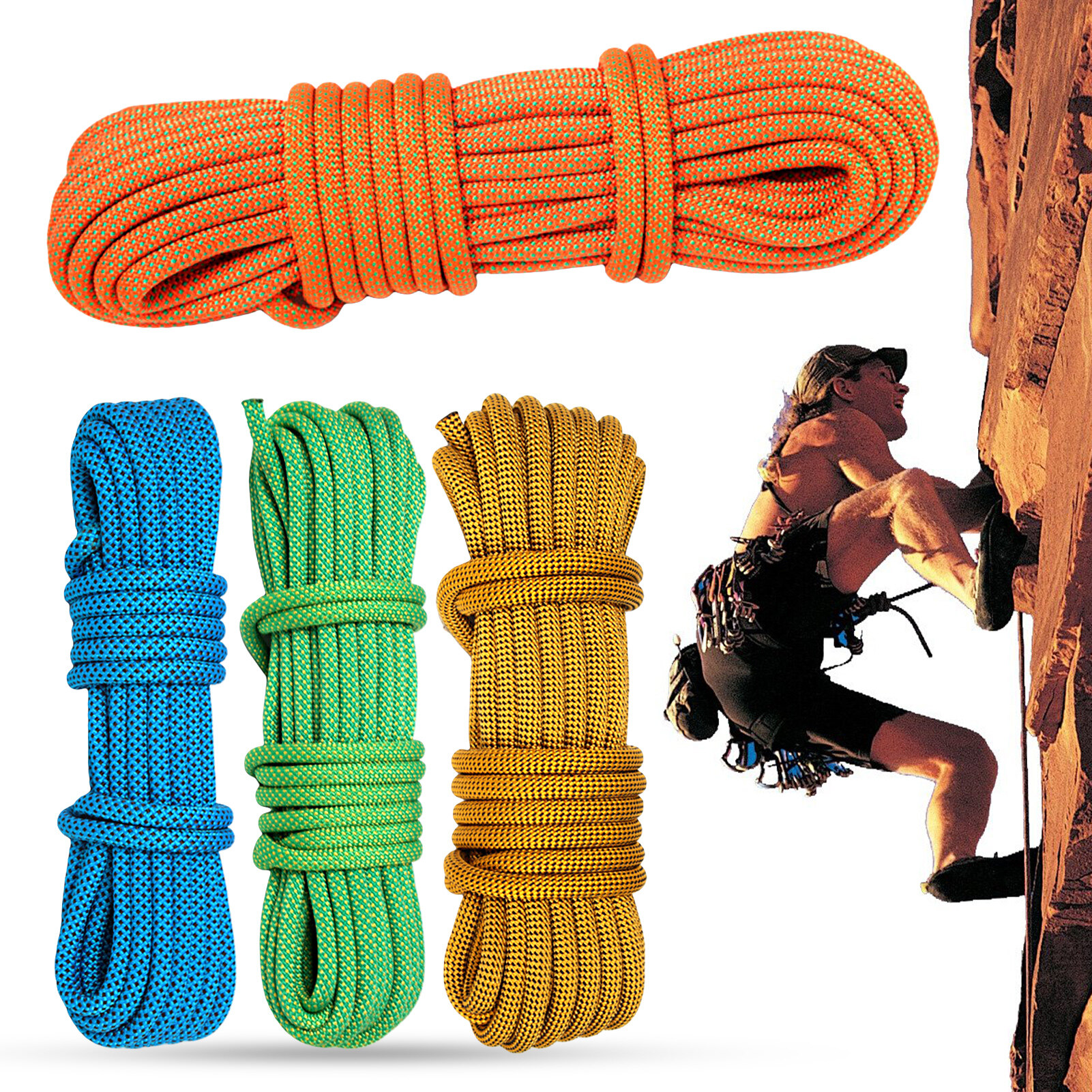 yiyanai 9mm Rock Climbing Rope Anti-fall Wear-resistant Heavy Duty Tear Resistant High Tensile Strong Load Bearing Random Color Wilderness Survival Training Rappelling Rope Climbing Gear Convenient Mountaineering Rope