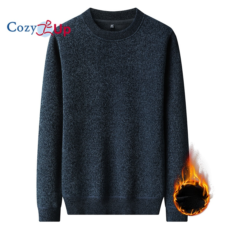 Cozy Up Men Long-sleeved Sweater Casual Round Neck Solid Color Plus Velvet Warm Pullover