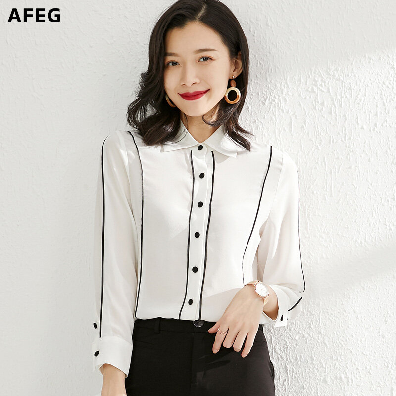 AFEG new style Korean women's long-sleeved chiffon elegant blouse for women