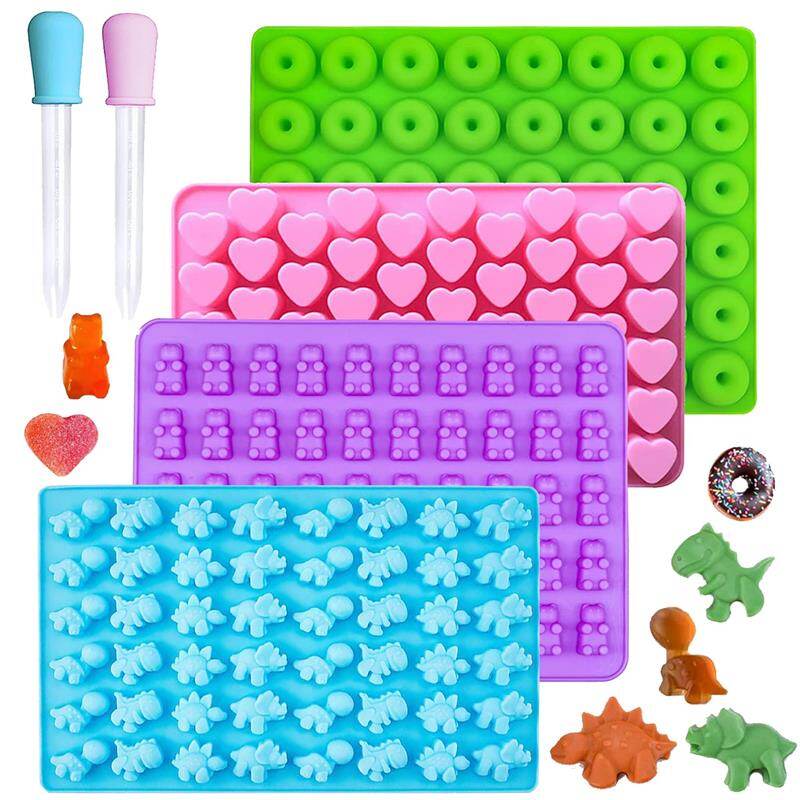 Gummy Bear Molds Silicone Mini Size, Non-stick Chocolate candy Gummy Mold for Kid with 2 Droppers Including Mini Dinosaur, Bear, Hearts and Mini Donut Shap