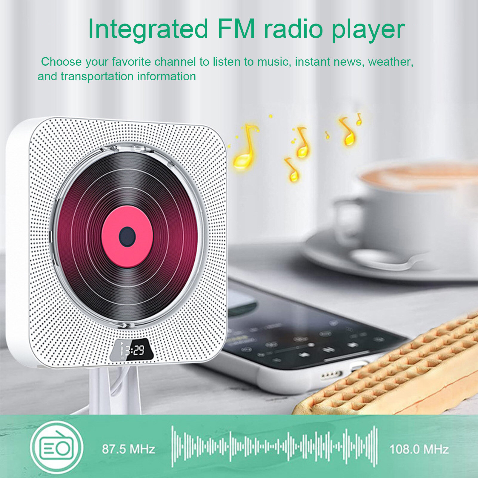 1 Set Disc Player Wall-mounted Disc /TF Repeat Built-in Bluetooth-compatible Multi-functional Disc Music Player Office Supply Learning Machines Disc