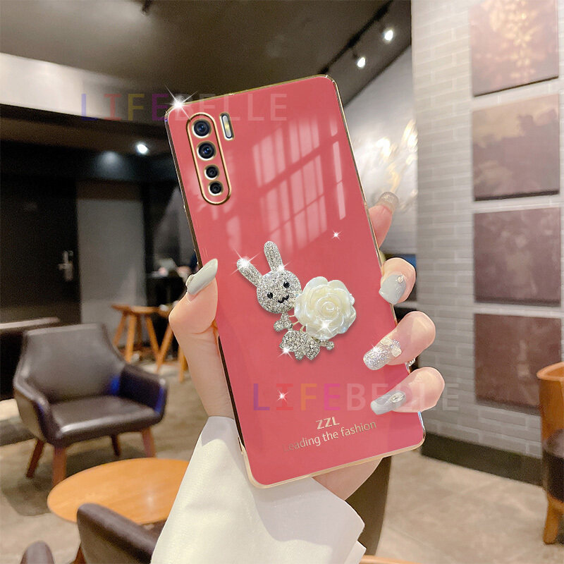LIFEBELLE Ốp Cho OPPO A91 Reno3, Ốp Điện Thoại Mềm Mạ Hoa Đẹp Hình Thỏ Dễ Thương Thời Trang 3D Kim Cương Giả Cho Nữ Ốp Lưng Silicon Bảo Vệ Chống Sốc Cho Oppo Ốp Đôi