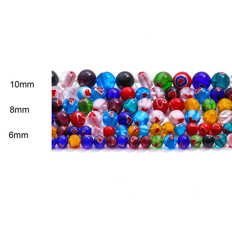 6/8/10mm Mixed Colors Round Beads with Heart Flower Patterns Millefiori Glass Lampwork Loose Crafts Beads For Necklace Bracelet Earring Making DIY Jewelry Making Findings Length About 38cm