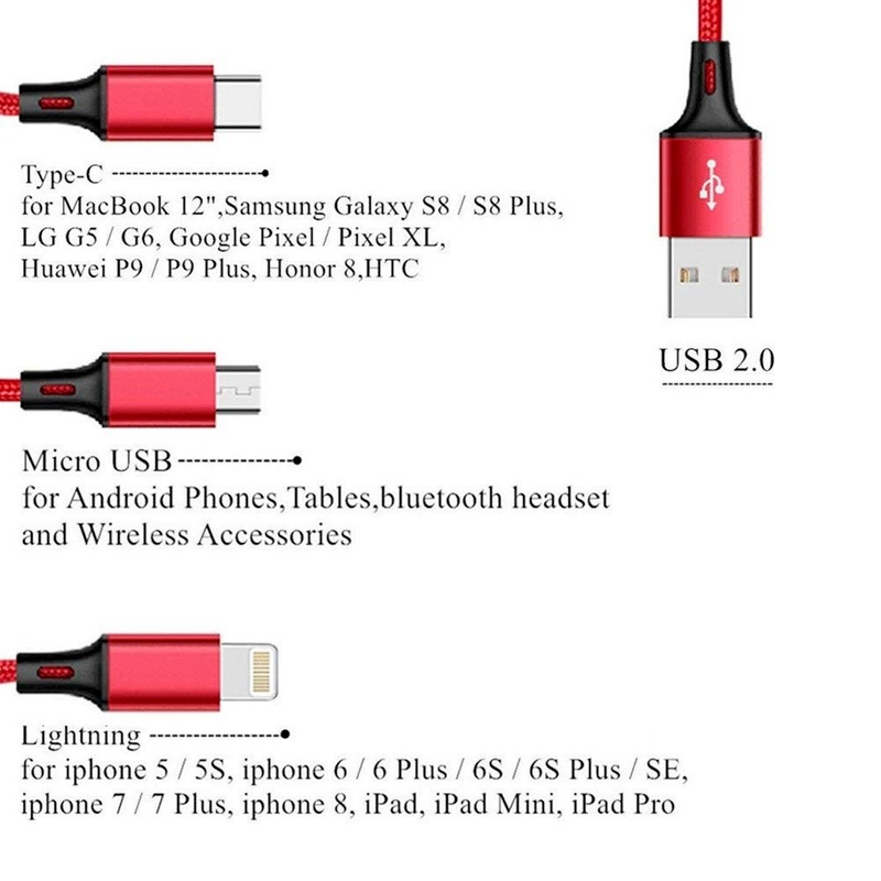 3 in 1 Lightning USB & Android Micro USB Type-C Cables,Mobile Phone Fast Charge Data Cables Compatible with iPhone Samsung Xiaomi Huawei OPPO