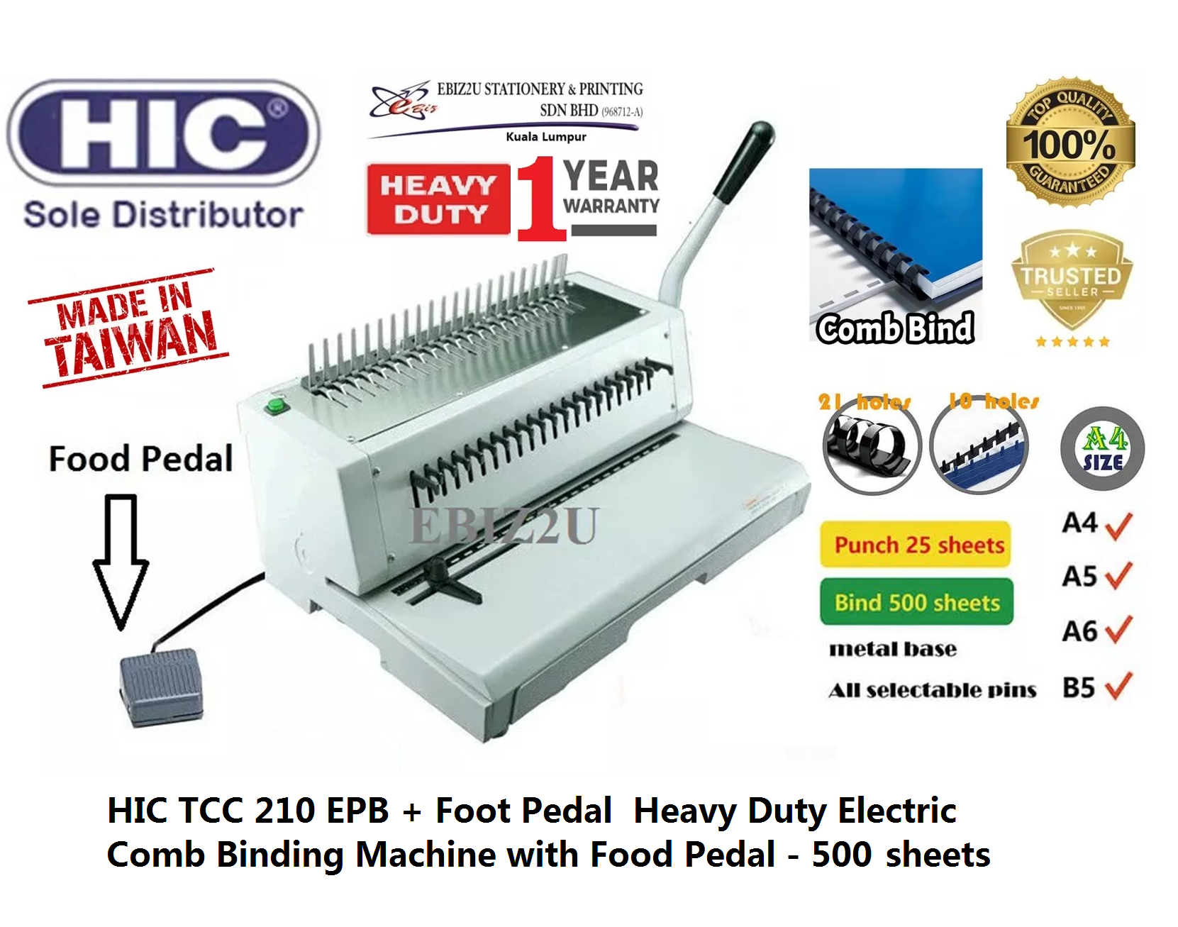 HIC TCC 210 EPB + Foot Pedal Heavy Duty Electric Comb Binding Machine
