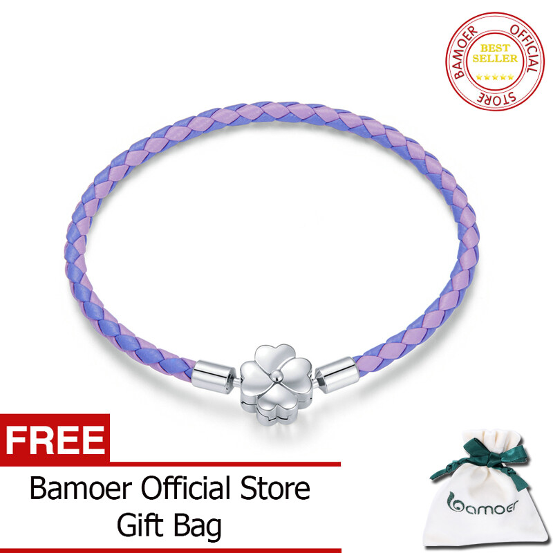 BAMOER 925 Silver Bracelet Purple Two Color Leather Bracelet Clover European for Women DIY Fashion Jewelry SCB214