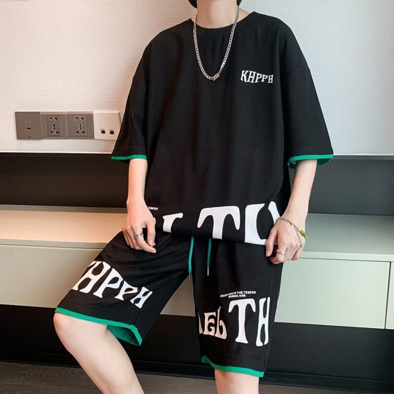 ASRV Short Sleeve T-Shirt Shorts Set Men's Loose Casual Thin Fashion Printed T-Shirt Shorts Set Set